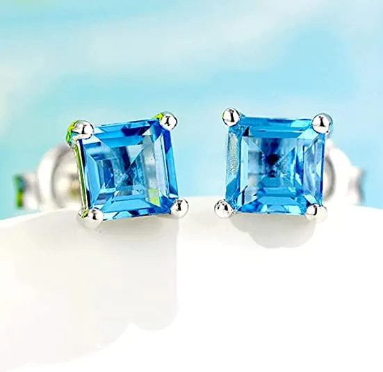 18k White Gold Plated Lake Blue Square Stud Earrings