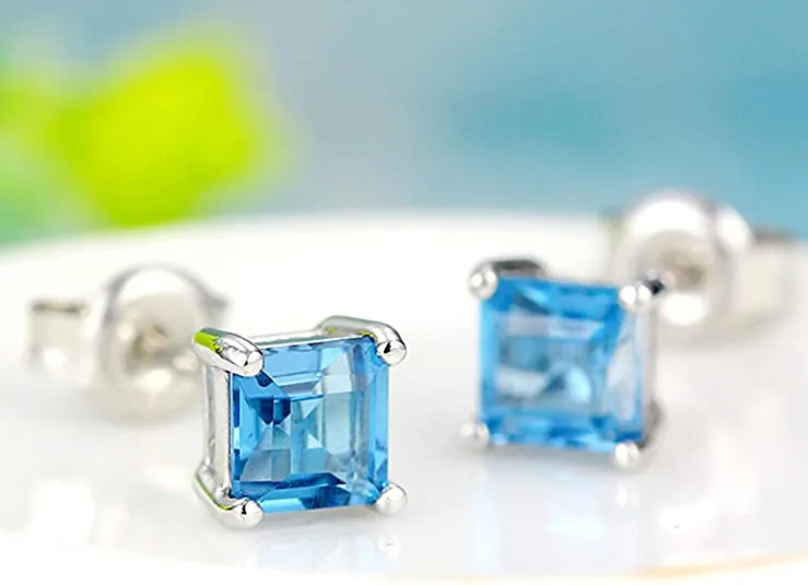 18k White Gold Plated Lake Blue Square Stud Earrings