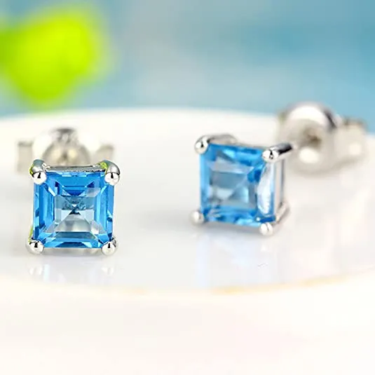 18k White Gold Plated Lake Blue Square Stud Earrings