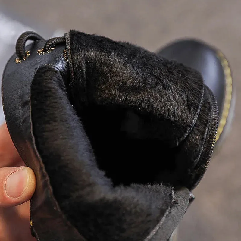 2023 Girls Leather Children Motorcycle Boots New Baby Girls Shoes Side Zipper Military Boots Boys Kids Toddler Snow Boots