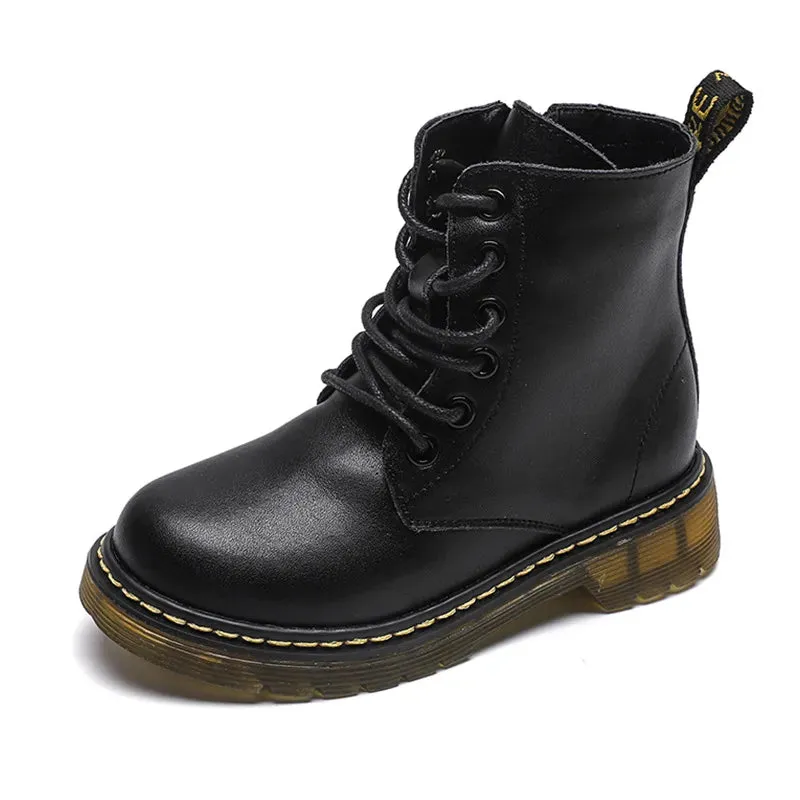 2023 Girls Leather Children Motorcycle Boots New Baby Girls Shoes Side Zipper Military Boots Boys Kids Toddler Snow Boots