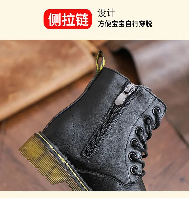 2023 Girls Leather Children Motorcycle Boots New Baby Girls Shoes Side Zipper Military Boots Boys Kids Toddler Snow Boots