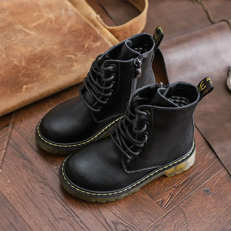 2023 Girls Leather Children Motorcycle Boots New Baby Girls Shoes Side Zipper Military Boots Boys Kids Toddler Snow Boots