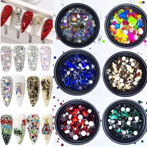 6 Boxes AB Blue Red Green Gold Black Rhinestones for Nails Mixed Colored Multi Shaped Sized Colorful Nail Beads Glass Gems Stones Nail Rhinestones Kit for Nail DIY Crafts Clothes Shoes Jewelry