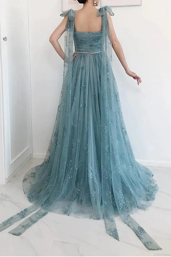 A-Line Bow Tie Straps Lace High Split Tulle Prom Dress, Evening Dress YZ211057