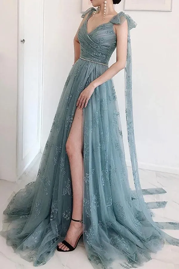 A-Line Bow Tie Straps Party Dress Lace High Split Prom/Formal Dress TP0979