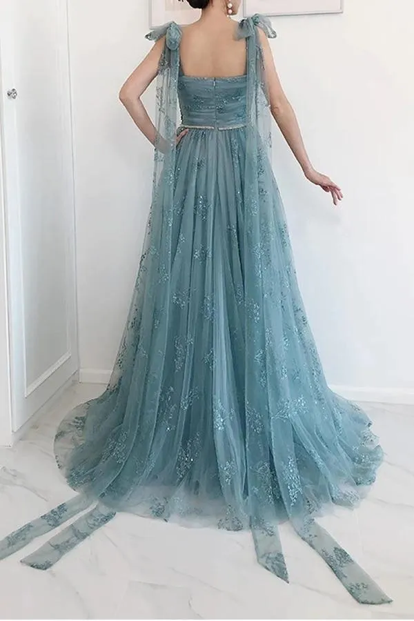 A-Line Bow Tie Straps Party Dress Lace High Split Prom/Formal Dress TP0979