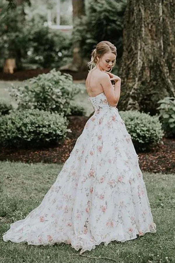 A Line Floral Long Prom Dresses Strapless Beautiful Flower Printed Prom Dress TP0911