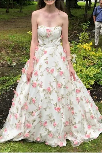 A Line Floral Long Prom Dresses Strapless Beautiful Flower Printed Prom Dress TP0911