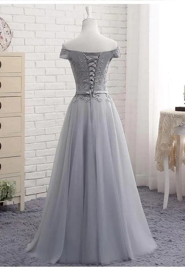 A-Line Gray  Off the Shoulder Tulle Lace-up Sweetheart Prom Dress PG494