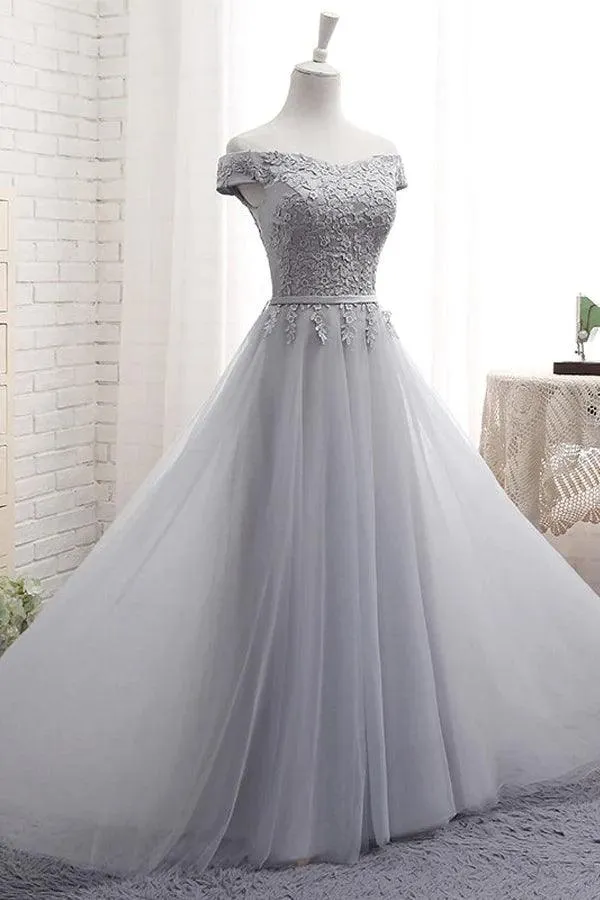 A-Line Gray  Off the Shoulder Tulle Lace-up Sweetheart Prom Dress PG494