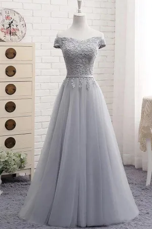 A-Line Gray  Off the Shoulder Tulle Lace-up Sweetheart Prom Dress PG494