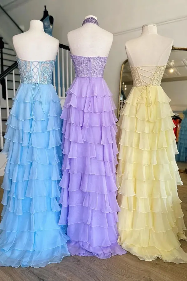 A-Line Halter Flower Tiered Hot Pink Long Prom Dress TP1330