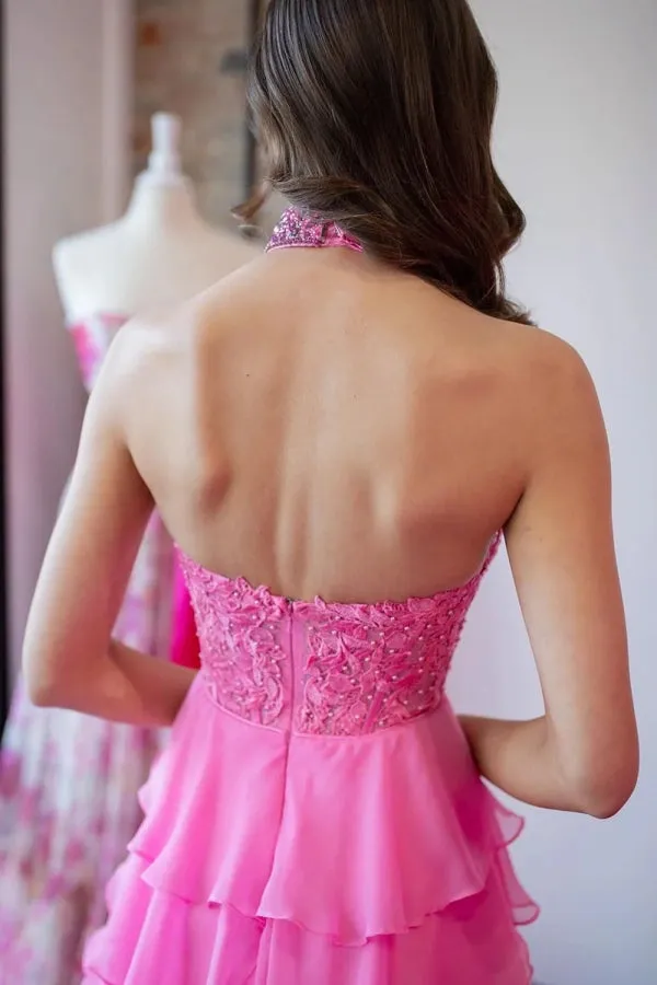 A-Line Halter Flower Tiered Hot Pink Long Prom Dress TP1330