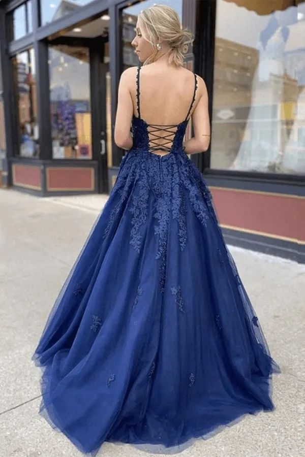A-Line Navy Blue Tulle Lace Long Prom Dress Evening Dress TP0982