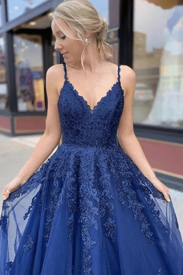 A-Line Navy Blue Tulle Lace Long Prom Dress Evening Dress TP0982