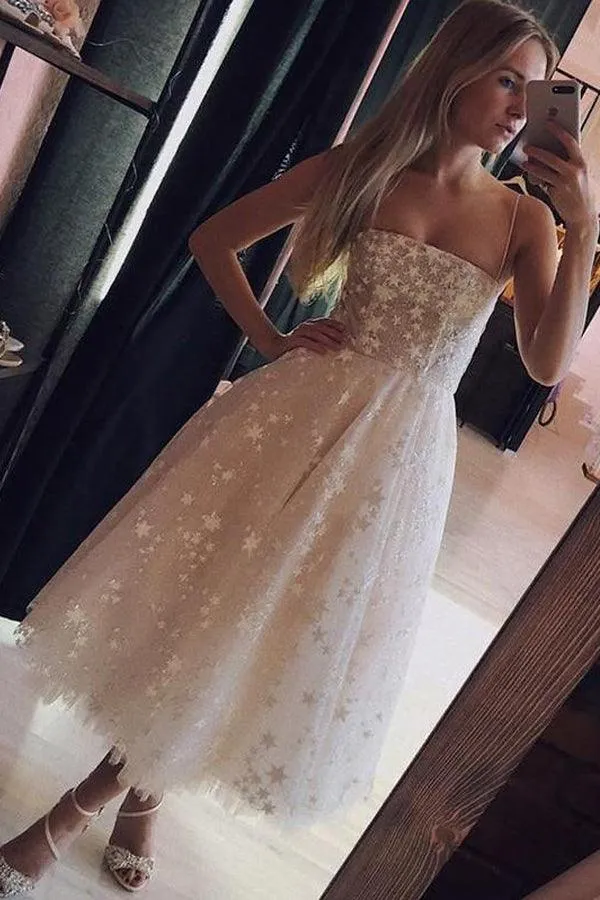 A Line Spaghetti Straps Tea Length Pearl Pink Prom Dress With Stars TP0860