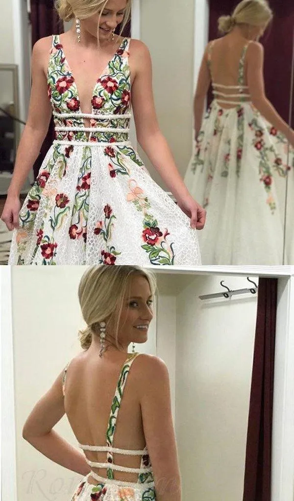 A Line V Neck Ivory Lace Prom Dresses with Embroidery Printed Evening Dresse TP0914