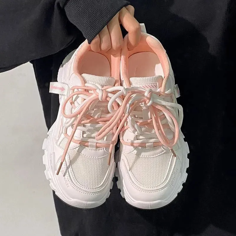 ADVBRIDGE  -  Soft Leather Chunky Shoes Women Thick Soled Little White Sneakers Women Breathable Leisure Durable Pink Shoes for Ladies