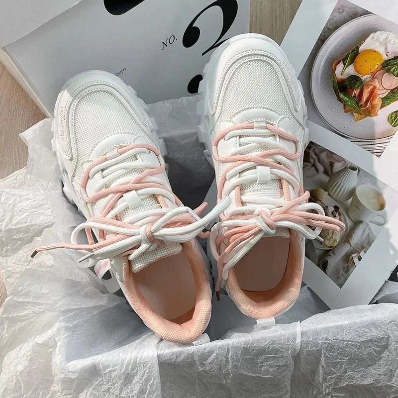 ADVBRIDGE  -  Soft Leather Chunky Shoes Women Thick Soled Little White Sneakers Women Breathable Leisure Durable Pink Shoes for Ladies