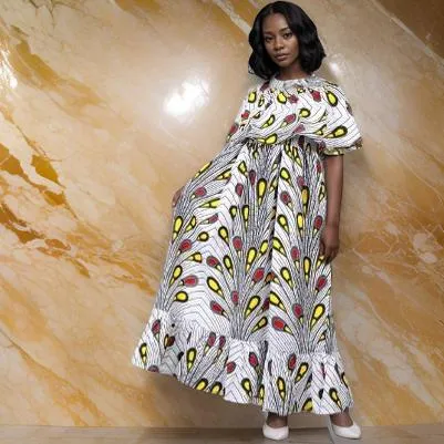 African White Peacock Print Long Front Frill Dress