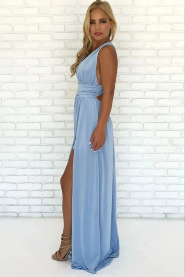 Anneprom Sky Blue Chiffon A Line V Neck Criss Cross Straps Prom Dress With Side Slit APP0504