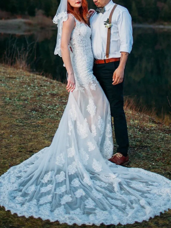 Appliques Floor-Length Straps Sheath Beach Wedding Dress SB3794