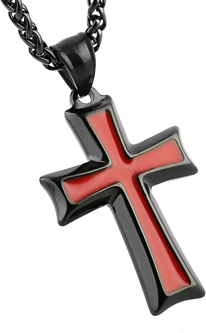 Black & Red Men's Stainless Steel Cross Pendant Necklace