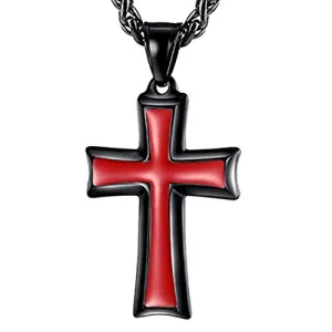 Black & Red Men's Stainless Steel Cross Pendant Necklace