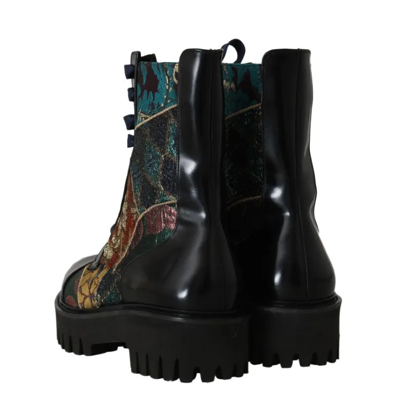 Black Blue Leather Floral Ankle Boots