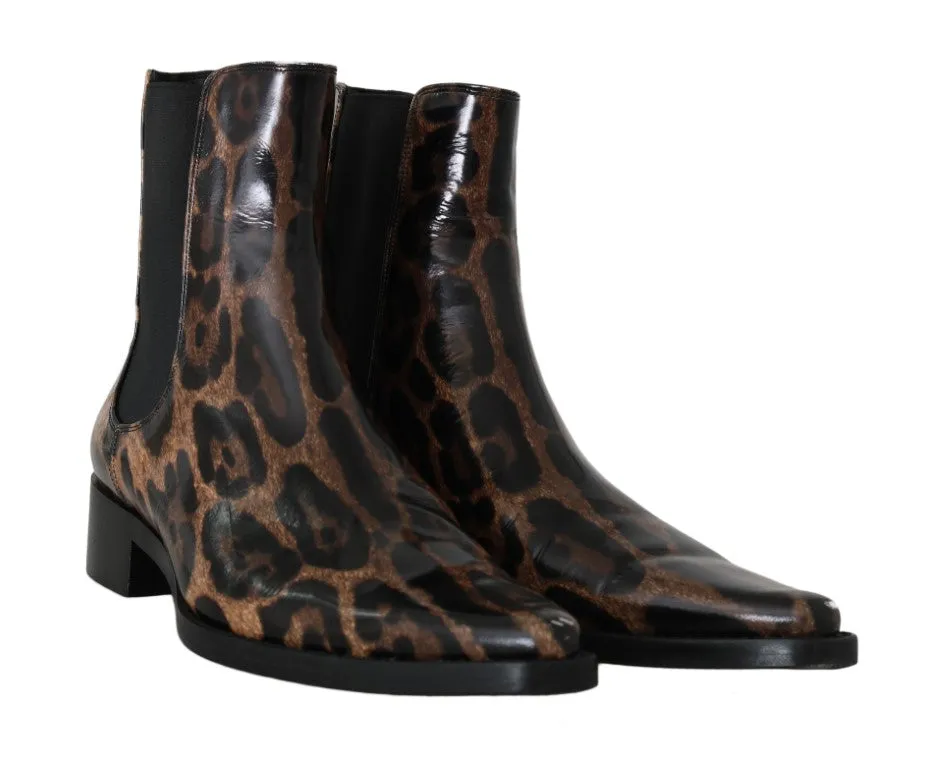 Black Blue Leather Floral Ankle Boots
