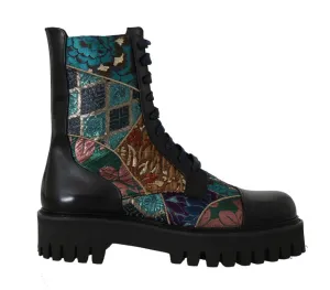 Black Blue Leather Floral Ankle Boots