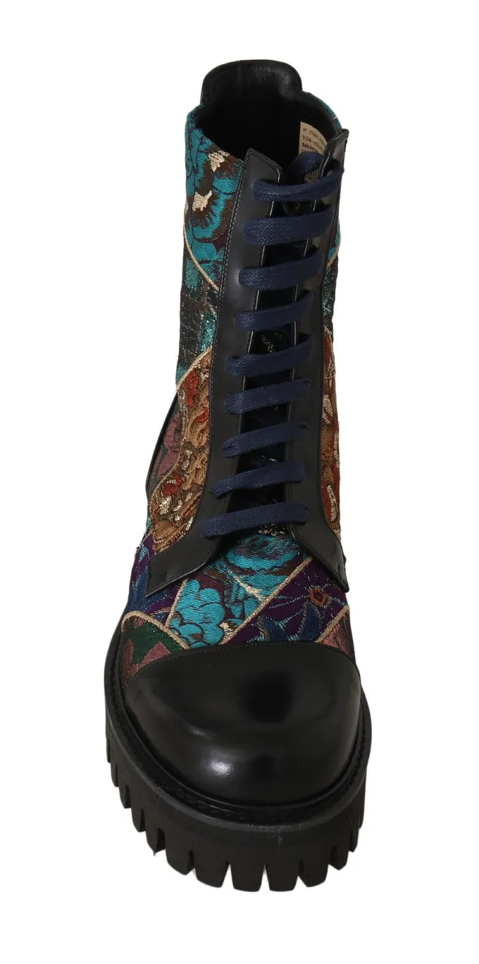 Black Blue Leather Floral Ankle Boots
