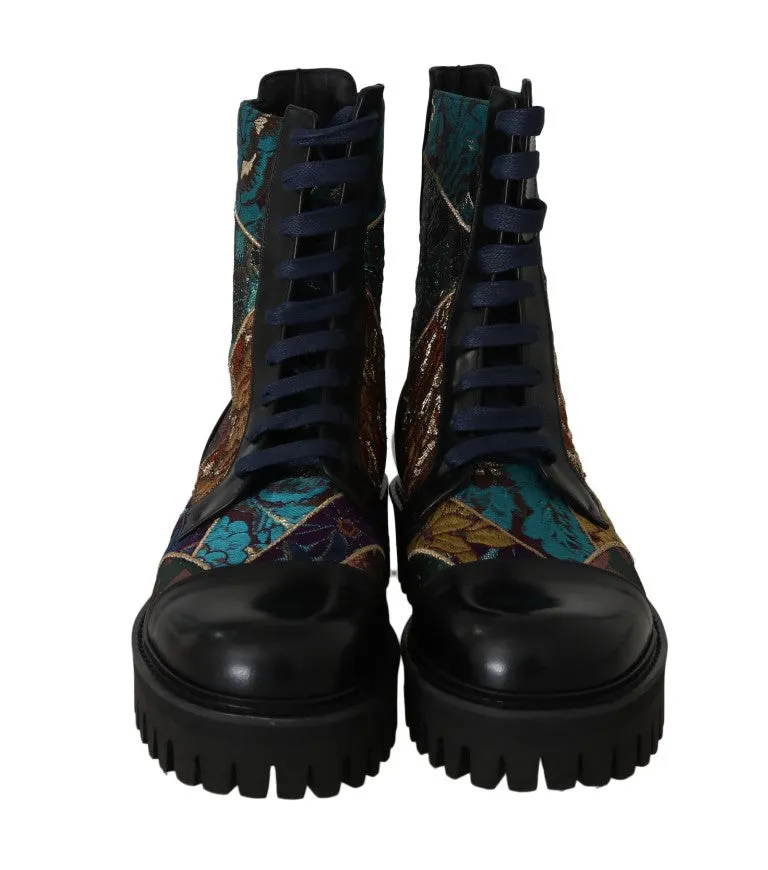 Black Blue Leather Floral Ankle Boots