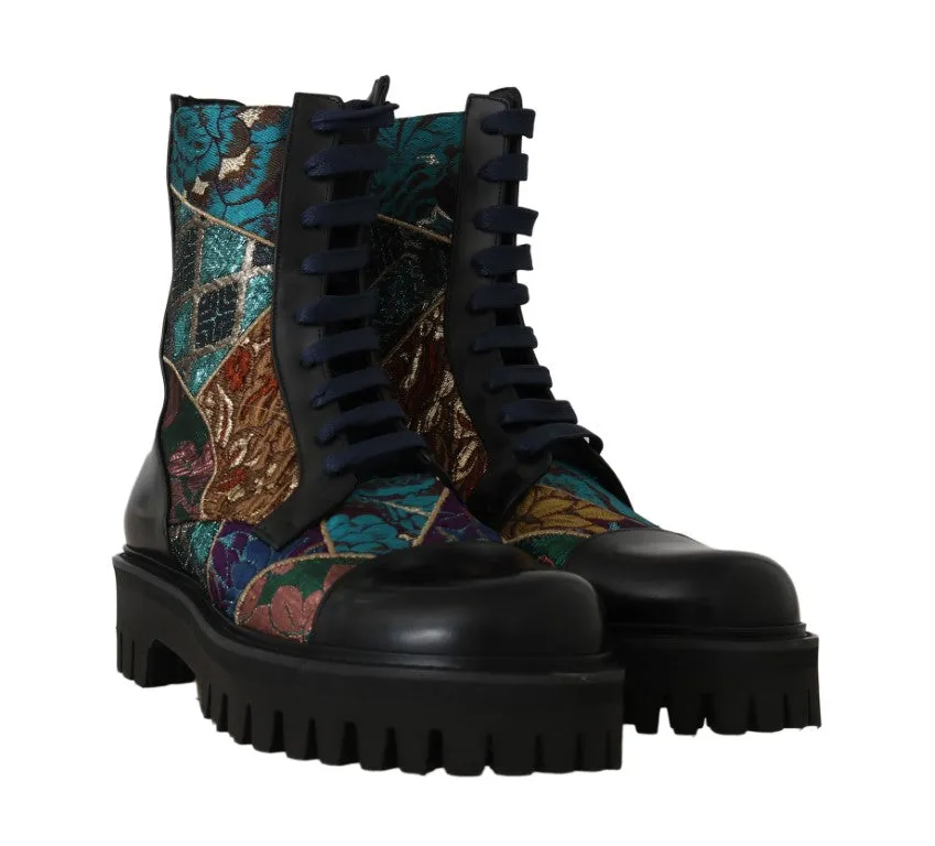 Black Blue Leather Floral Ankle Boots