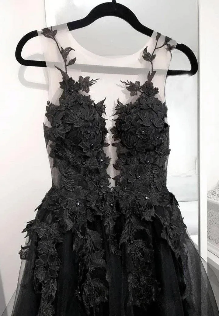 Black Lace Tulle Long Prom Gown Black Evening Dress TP0981