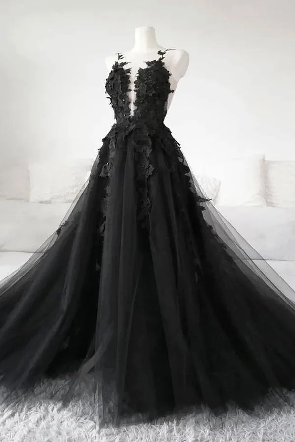 Black Lace Tulle Long Prom Gown Black Evening Dress TP0981