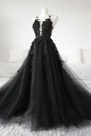 Black Lace Tulle Long Prom Gown Black Evening Dress TP0981
