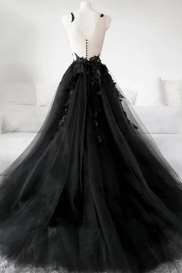 Black Lace Tulle Long Prom Gown Black Evening Dress TP0981