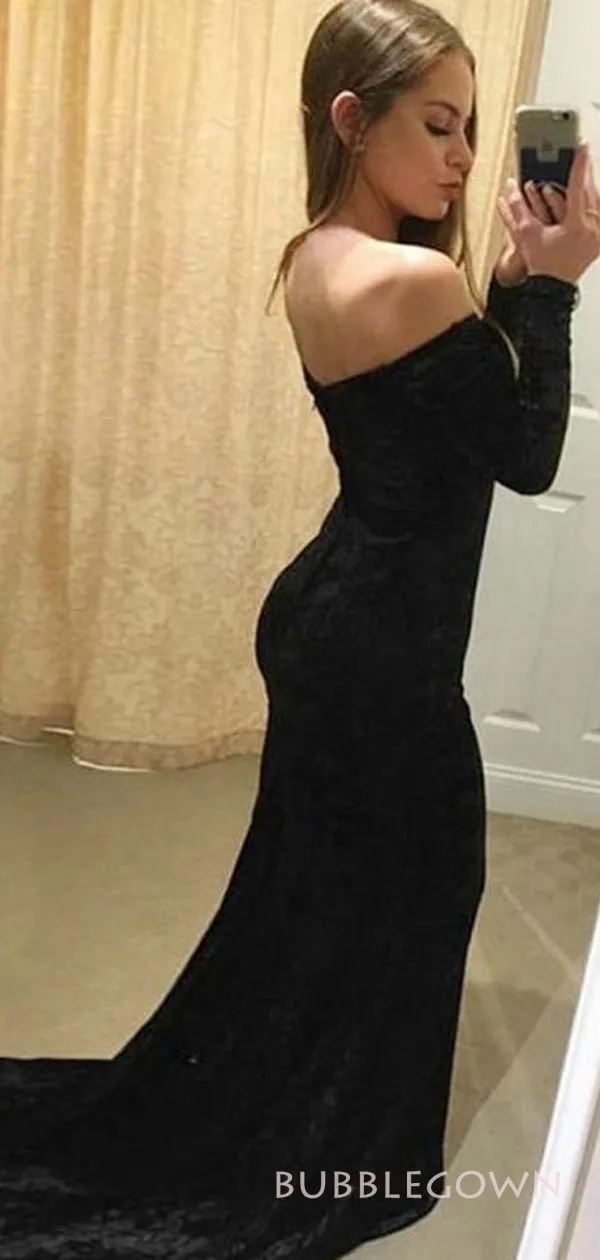 Black Velvet Off Shoulder Mermaid Long Evening Prom Dresses, Custom Long Sleeves Prom Dresses, BGS0247