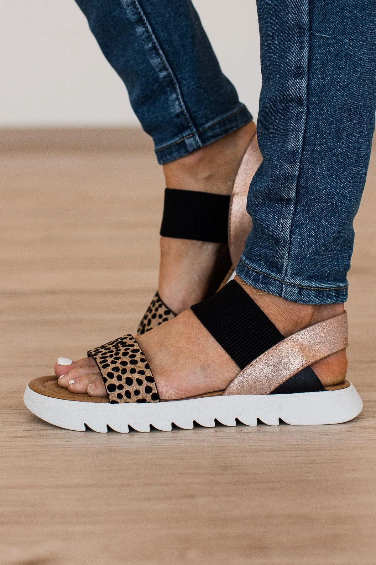Blowfish Tia Sandals- Sand Pixie Leopard/Rose Gold