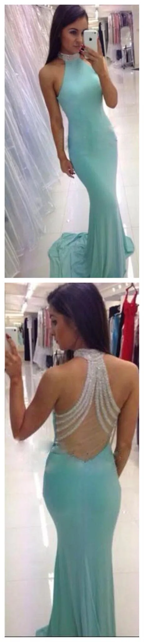 Blue Beaded High Neck Mermaid Sexy Long Prom Dresses, BG51167