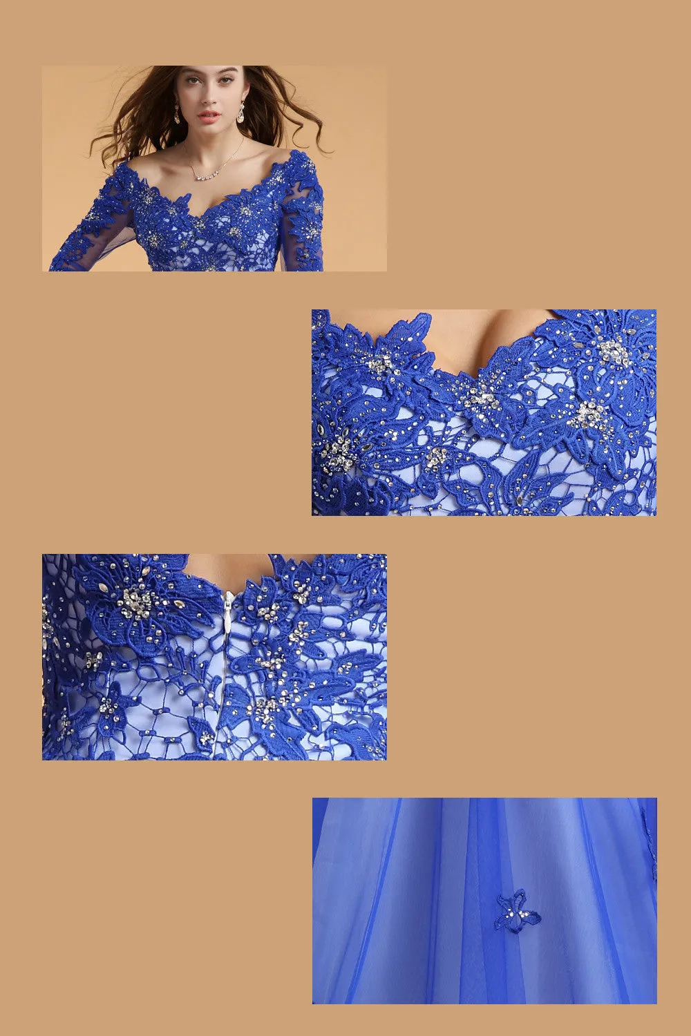 Blue V-neck Lace Half Sleeves Backless Long Prom Dress ED0829