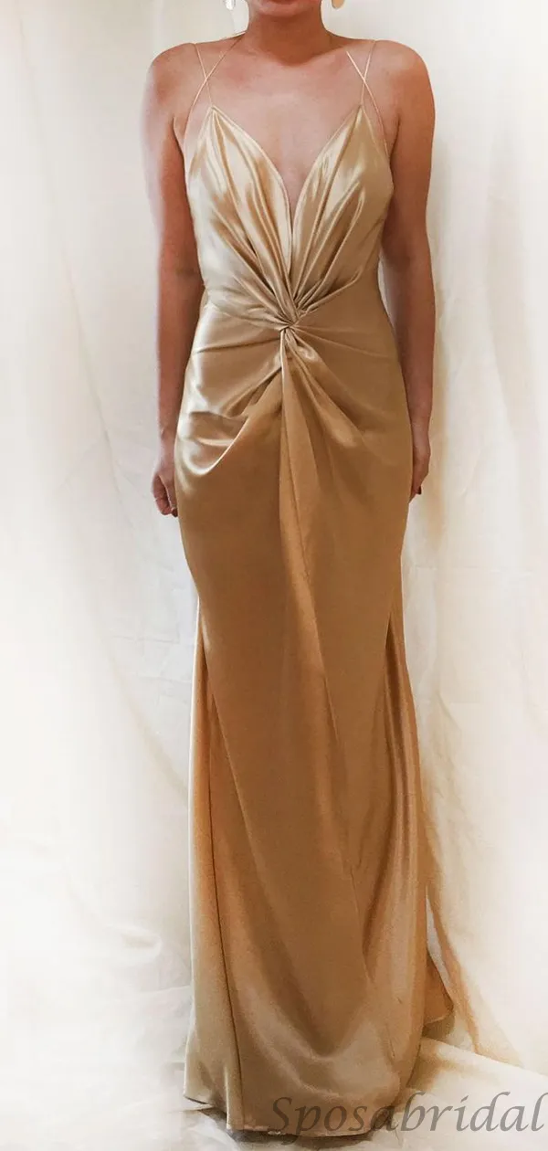 Champagne Gold Soft Sweetheart Mermaid Cross Back Long Sexy Prom Dress, Bridesmaid Dress, PD3088