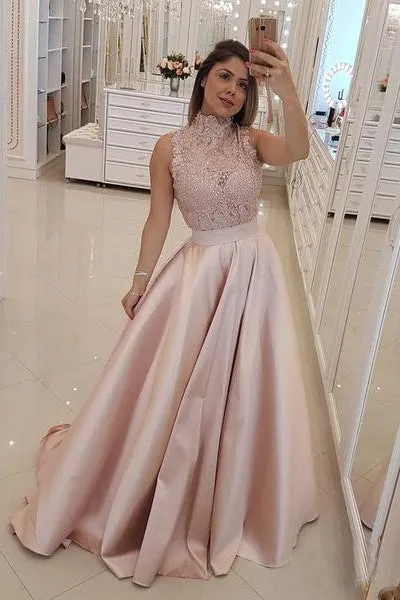 Cheap Maroon Lace Top Prom Dress Long Burgundy Evening Gown with High Neck OKI28