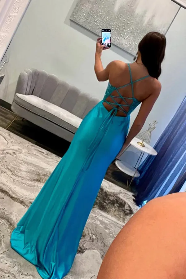 Cute Mermaid Straps Satin Blue Long Prom Dress with Appliques TP1400