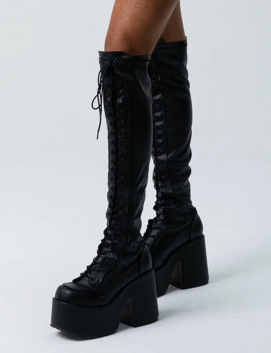 DEMONIA CAMEL 300 PLATFORM BOOTS - BLACK VEGAN LEATHER
