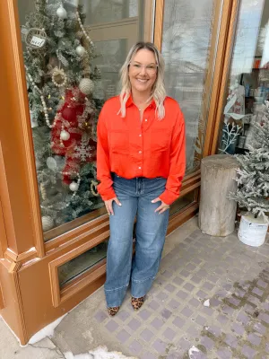 Dolly Satin Button Up Top-Tomato Red