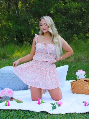 Flower Power Ruffled Sleeve Smocked Top and Skirt, Peach