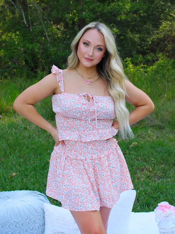 Flower Power Ruffled Sleeve Smocked Top and Skirt, Peach